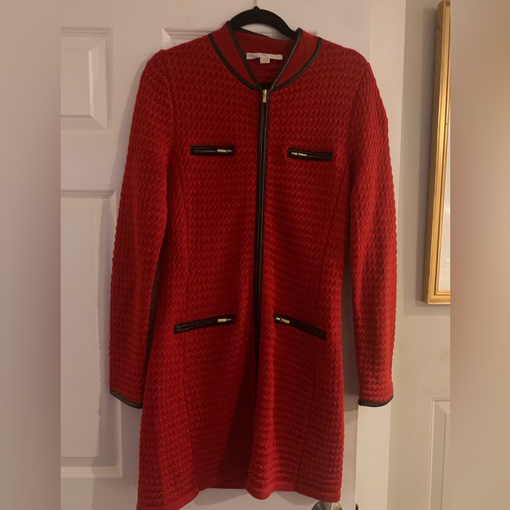 Boston Proper Red Sweater Cardigan with Faux Leather Black Trim - Picture 2 of 6